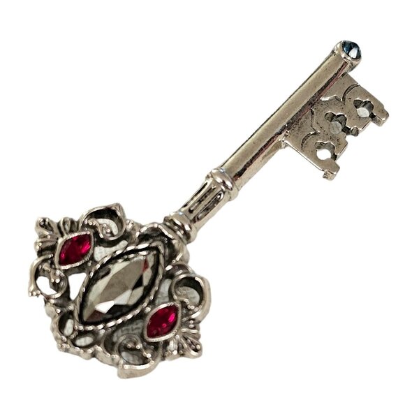 1928 Brand Red Blue Rhinestone Silver Tone Key Brooch Pin L259 - Picture 2 of 10